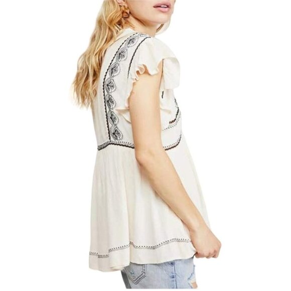 Free People Falling Water Tunic Embroidered Flutter Sleeve Cream Bohemian Relaxe - Picture 2 of 11